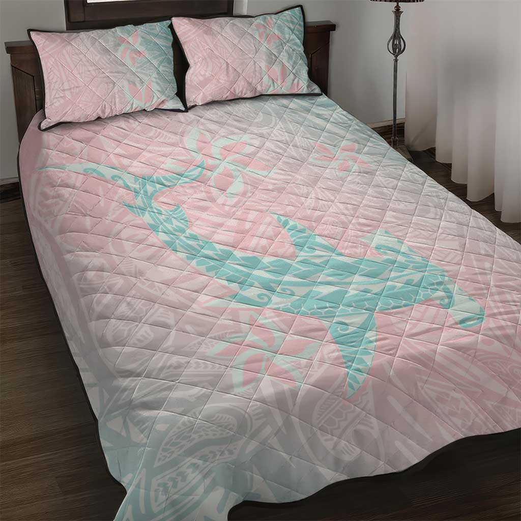 Baby Pink Gradient Polynesia Quilt Bed Set Hawaiian Tribal Hammerhead Shark Tattoo