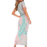 Baby Pink Gradient Polynesia Short Sleeve Bodycon Dress Hawaiian Tribal Hammerhead Shark Tattoo
