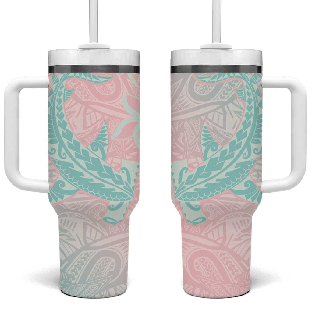 Baby Pink Gradient Polynesia Tumbler With Handle Hawaiian Tribal Hammerhead Shark Tattoo