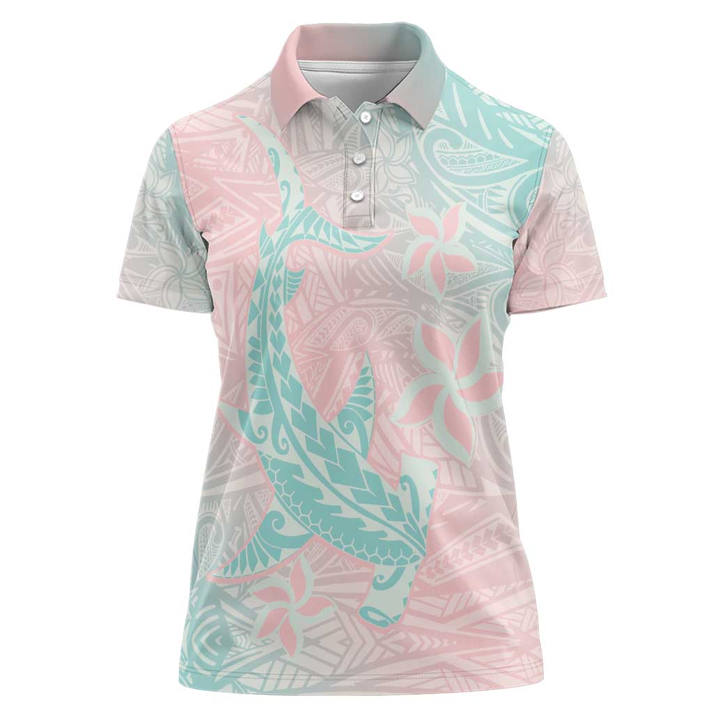 Baby Pink Gradient Polynesia Women Polo Shirt Hawaiian Tribal Hammerhead Shark Tattoo