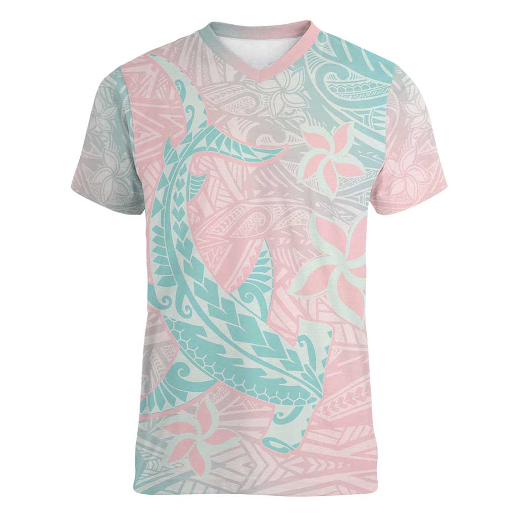 Baby Pink Gradient Polynesia Women V-Neck T-Shirt Hawaiian Tribal Hammerhead Shark Tattoo