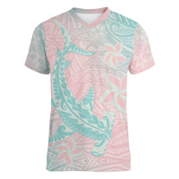 Baby Pink Gradient Polynesia Women V-Neck T-Shirt Hawaiian Tribal Hammerhead Shark Tattoo