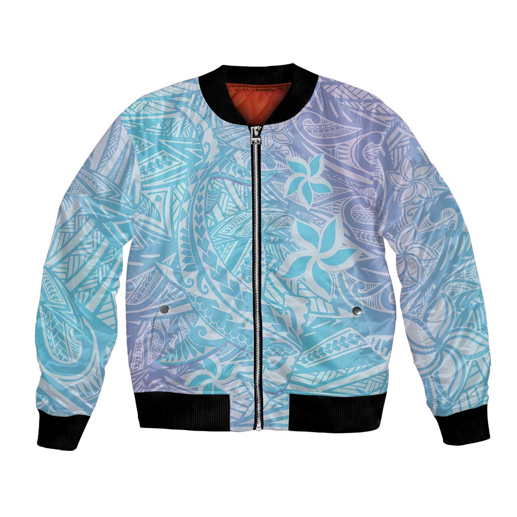 Baby Blue Gradient Polynesia Bomber Jacket Hawaiian Tribal Hammerhead Shark Tattoo