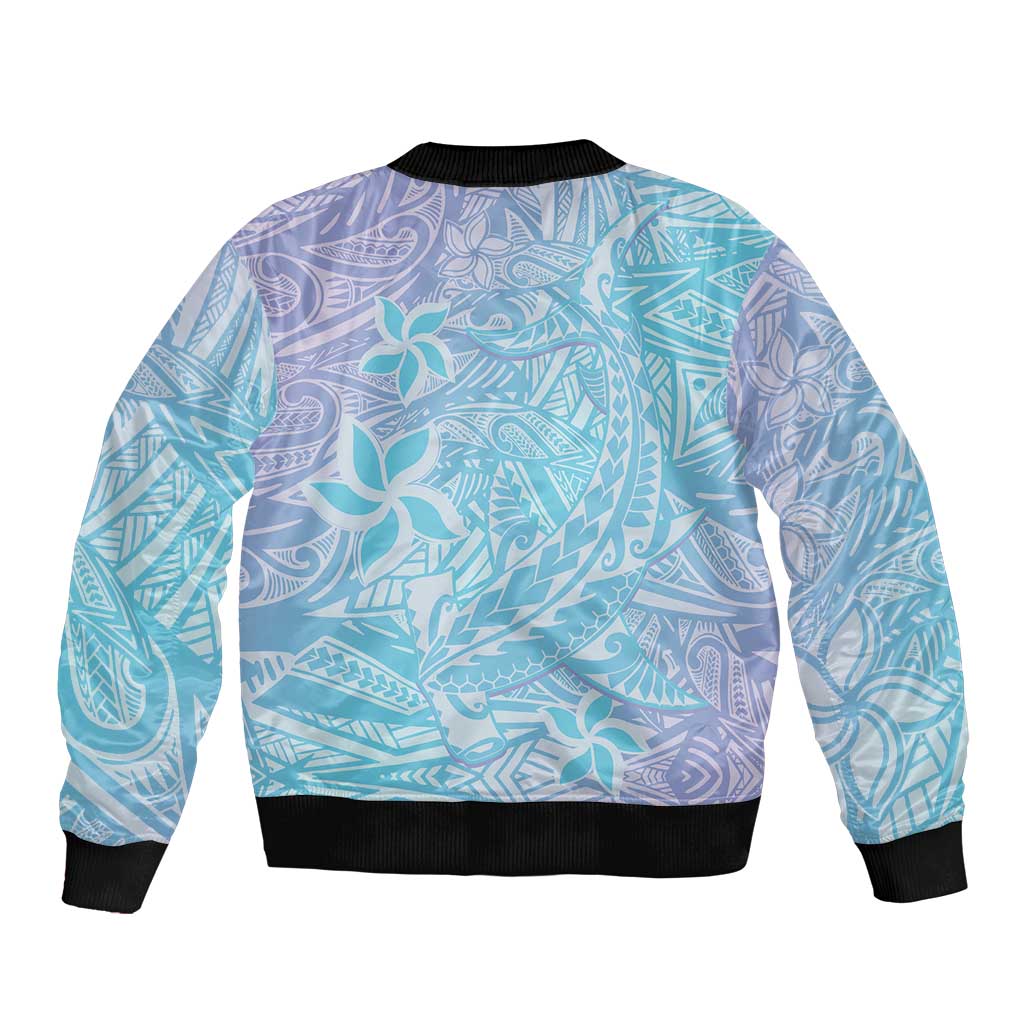 Baby Blue Gradient Polynesia Bomber Jacket Hawaiian Tribal Hammerhead Shark Tattoo