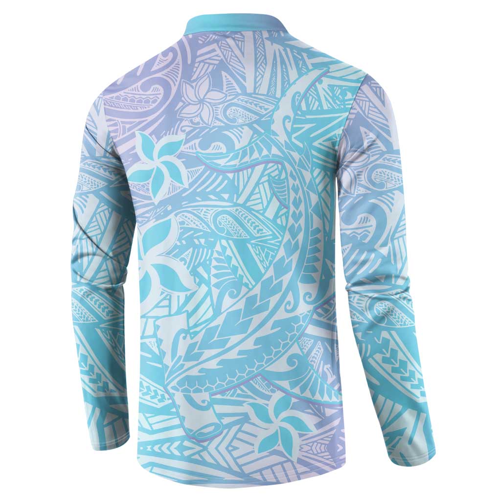 Baby Blue Gradient Polynesia Button Sweatshirt Hawaiian Tribal Hammerhead Shark Tattoo LT14 - Polynesian Pride