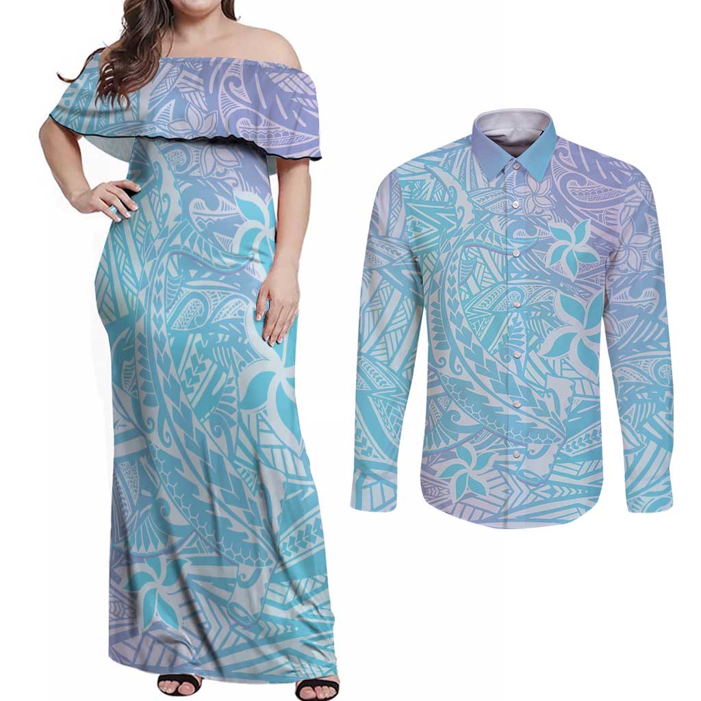Baby Blue Gradient Polynesia Couples Matching Off Shoulder Maxi Dress and Long Sleeve Button Shirt Hawaiian Tribal Hammerhead Shark Tattoo LT14 Baby Blue - Polynesian Pride