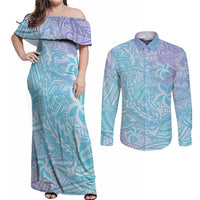 Baby Blue Gradient Polynesia Couples Matching Off Shoulder Maxi Dress and Long Sleeve Button Shirt Hawaiian Tribal Hammerhead Shark Tattoo LT14 Baby Blue - Polynesian Pride