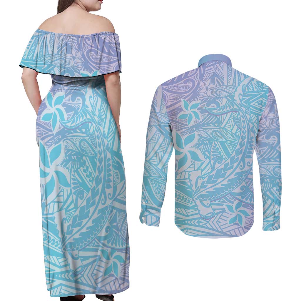 Baby Blue Gradient Polynesia Couples Matching Off Shoulder Maxi Dress and Long Sleeve Button Shirt Hawaiian Tribal Hammerhead Shark Tattoo LT14 - Polynesian Pride