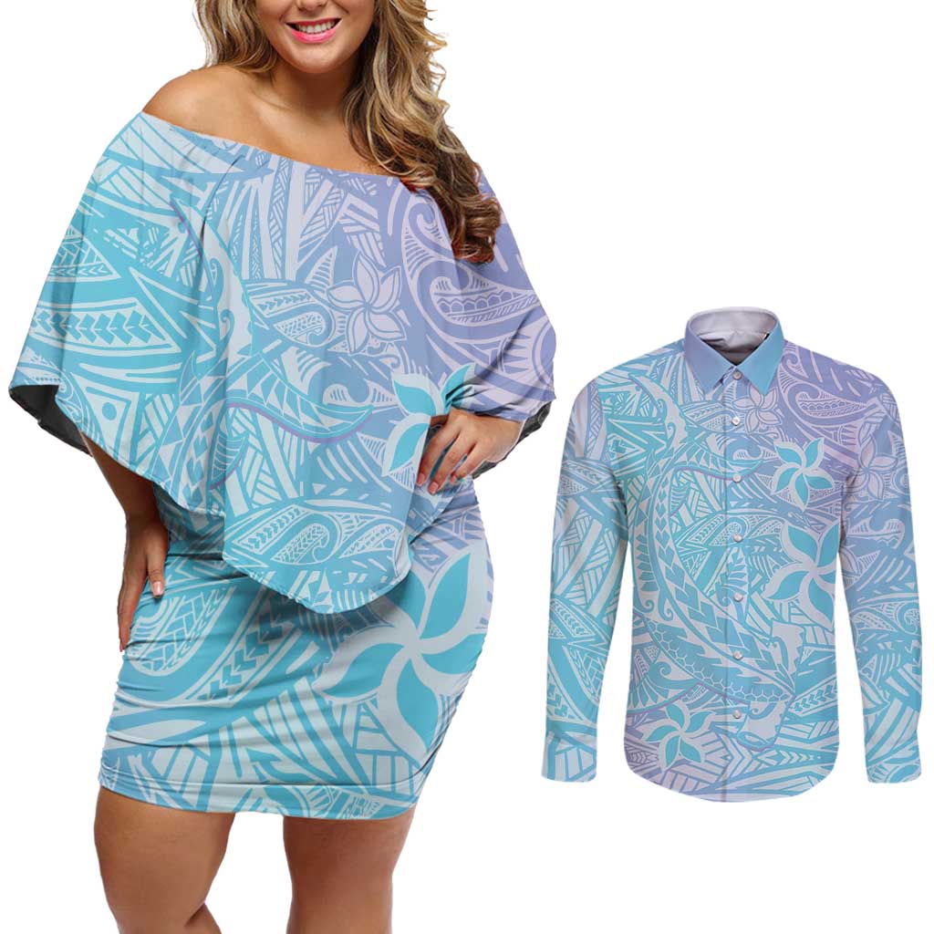 Baby Blue Gradient Polynesia Couples Matching Off Shoulder Short Dress and Long Sleeve Button Shirt Hawaiian Tribal Hammerhead Shark Tattoo LT14 Baby Blue - Polynesian Pride