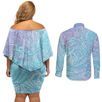Baby Blue Gradient Polynesia Couples Matching Off Shoulder Short Dress and Long Sleeve Button Shirt Hawaiian Tribal Hammerhead Shark Tattoo LT14 - Polynesian Pride