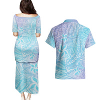 Baby Blue Gradient Polynesia Couples Matching Puletasi and Hawaiian Shirt Hawaiian Tribal Hammerhead Shark Tattoo LT14 - Polynesian Pride