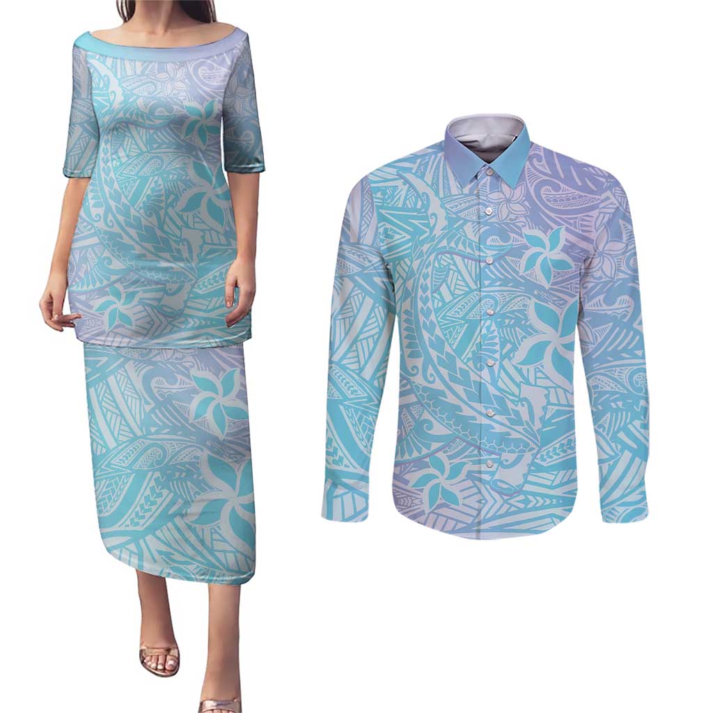 Baby Blue Gradient Polynesia Couples Matching Puletasi and Long Sleeve Button Shirt Hawaiian Tribal Hammerhead Shark Tattoo LT14 Baby Blue - Polynesian Pride