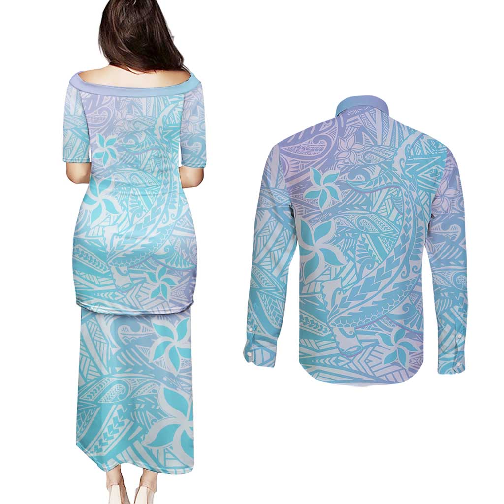 Baby Blue Gradient Polynesia Couples Matching Puletasi and Long Sleeve Button Shirt Hawaiian Tribal Hammerhead Shark Tattoo LT14 - Polynesian Pride