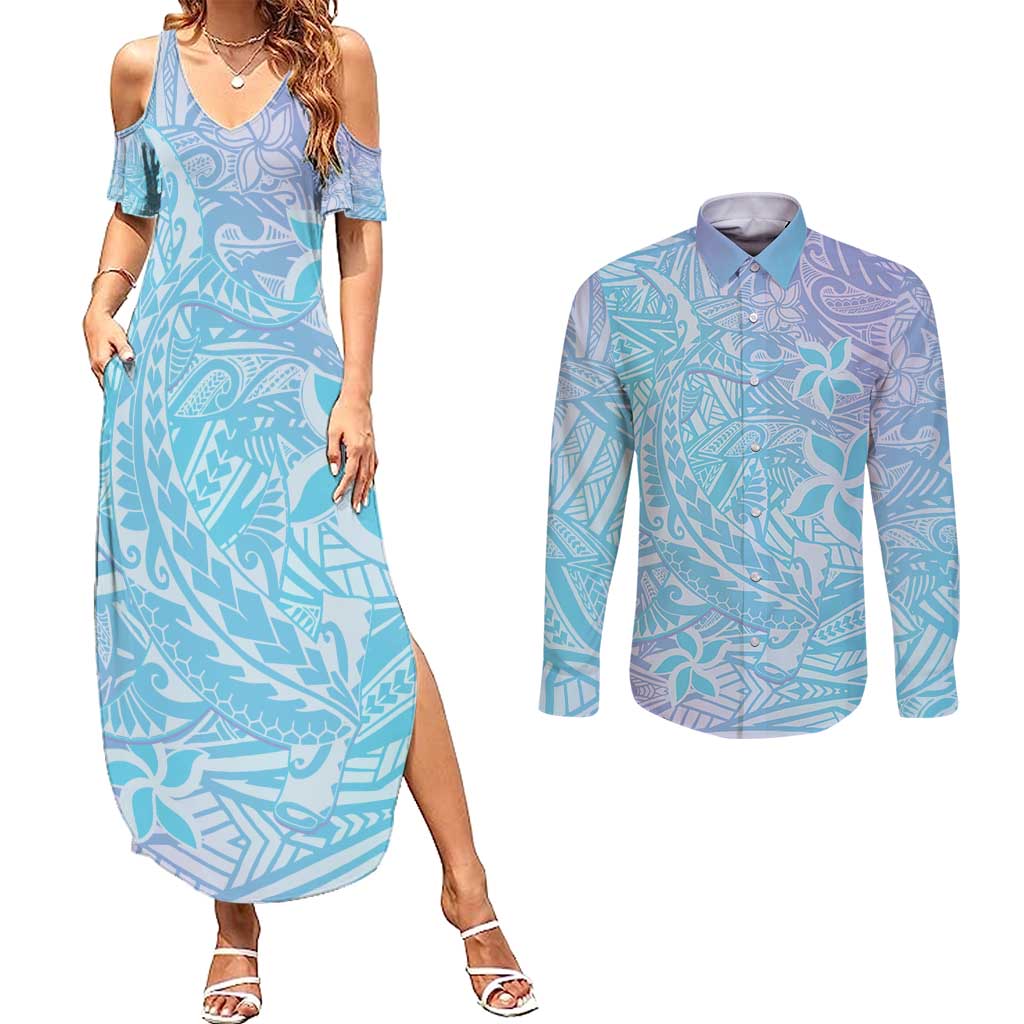 Baby Blue Gradient Polynesia Couples Matching Summer Maxi Dress and Long Sleeve Button Shirt Hawaiian Tribal Hammerhead Shark Tattoo LT14 Baby Blue - Polynesian Pride