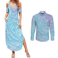 Baby Blue Gradient Polynesia Couples Matching Summer Maxi Dress and Long Sleeve Button Shirt Hawaiian Tribal Hammerhead Shark Tattoo LT14 Baby Blue - Polynesian Pride