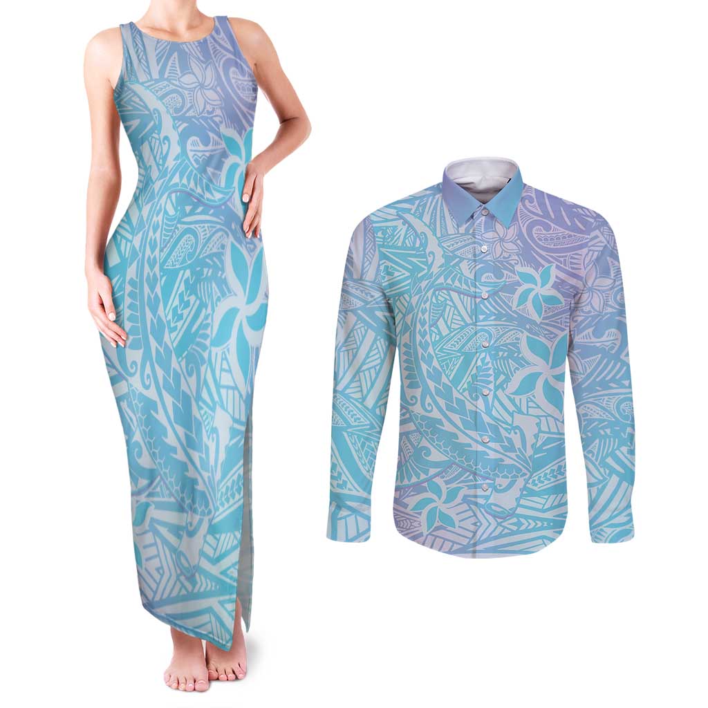 Baby Blue Gradient Polynesia Couples Matching Tank Maxi Dress and Long Sleeve Button Shirt Hawaiian Tribal Hammerhead Shark Tattoo LT14 Baby Blue - Polynesian Pride