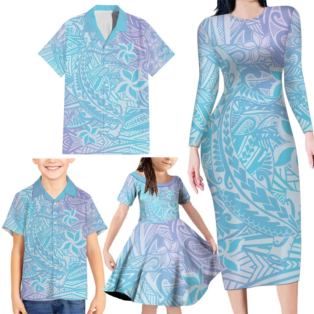 Baby Blue Gradient Polynesia Family Matching Long Sleeve Bodycon Dress and Hawaiian Shirt Hawaiian Tribal Hammerhead Shark Tattoo