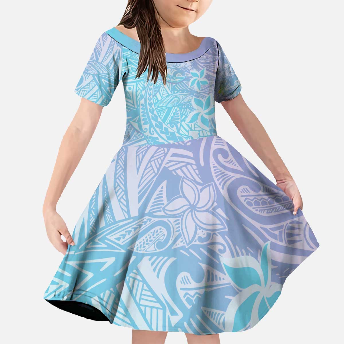 Baby Blue Gradient Polynesia Family Matching Off The Shoulder Long Sleeve Dress and Hawaiian Shirt Hawaiian Tribal Hammerhead Shark Tattoo LT14 Daughter's Dress Baby Blue - Polynesian Pride