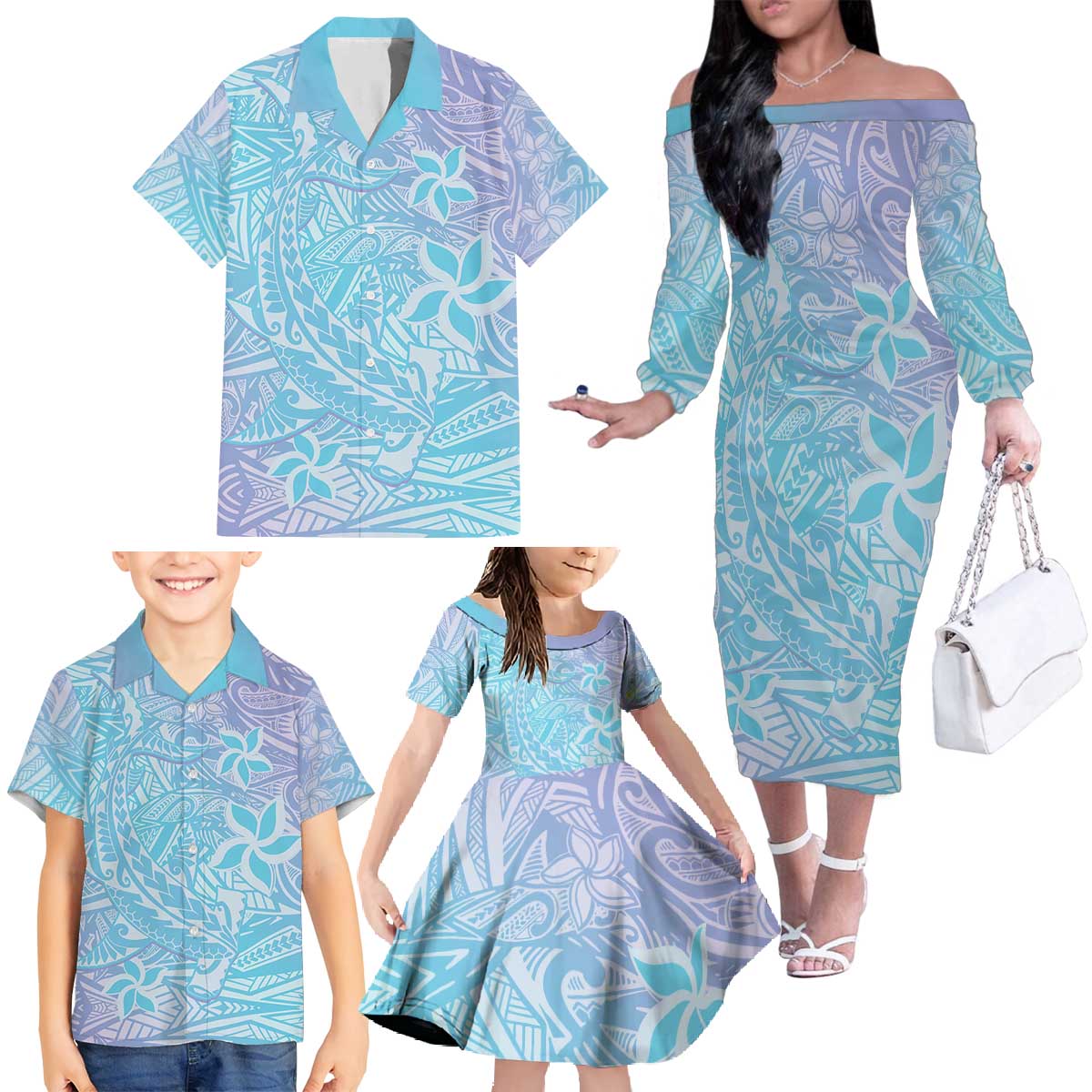 Baby Blue Gradient Polynesia Family Matching Off The Shoulder Long Sleeve Dress and Hawaiian Shirt Hawaiian Tribal Hammerhead Shark Tattoo