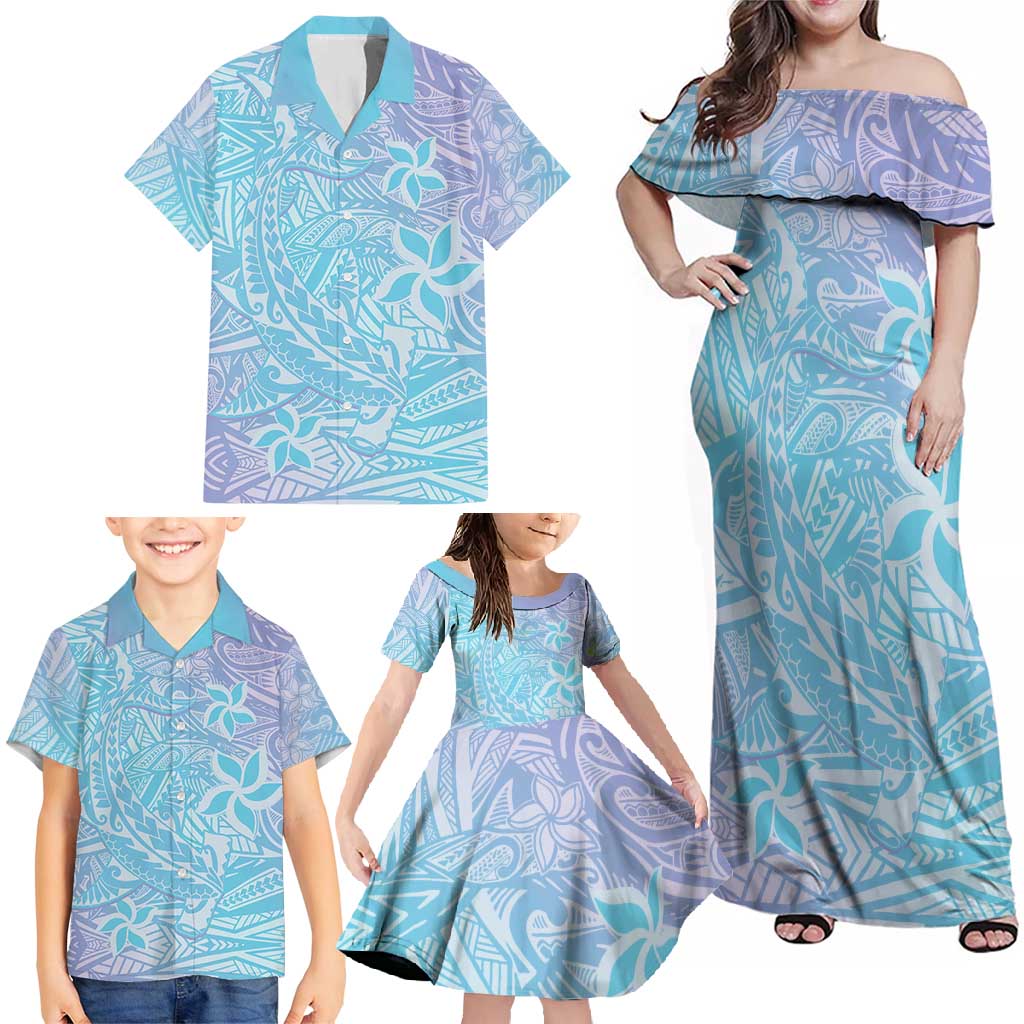 Baby Blue Gradient Polynesia Family Matching Off Shoulder Maxi Dress and Hawaiian Shirt Hawaiian Tribal Hammerhead Shark Tattoo