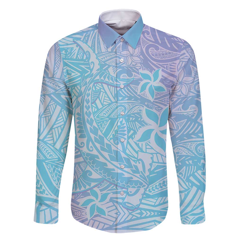 Baby Blue Gradient Polynesia Family Matching Off Shoulder Maxi Dress and Hawaiian Shirt Hawaiian Tribal Hammerhead Shark Tattoo