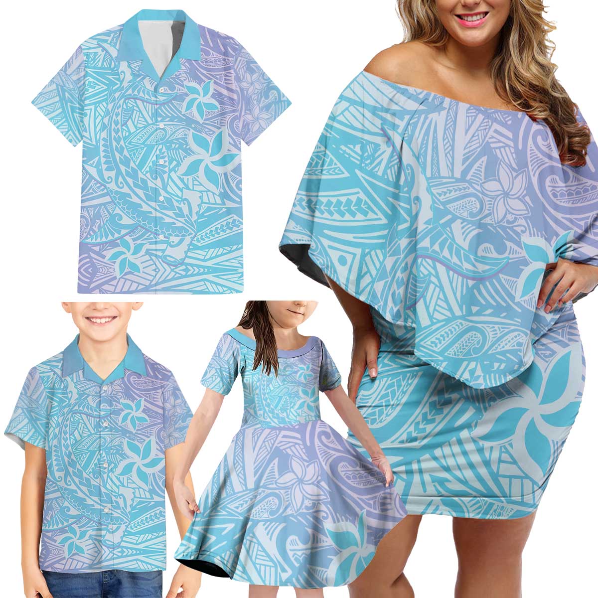 Baby Blue Gradient Polynesia Family Matching Off Shoulder Short Dress and Hawaiian Shirt Hawaiian Tribal Hammerhead Shark Tattoo