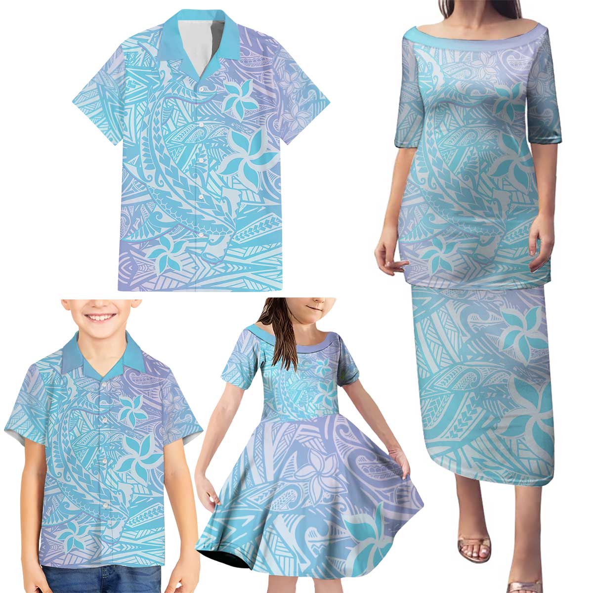 Baby Blue Gradient Polynesia Family Matching Puletasi and Hawaiian Shirt Hawaiian Tribal Hammerhead Shark Tattoo