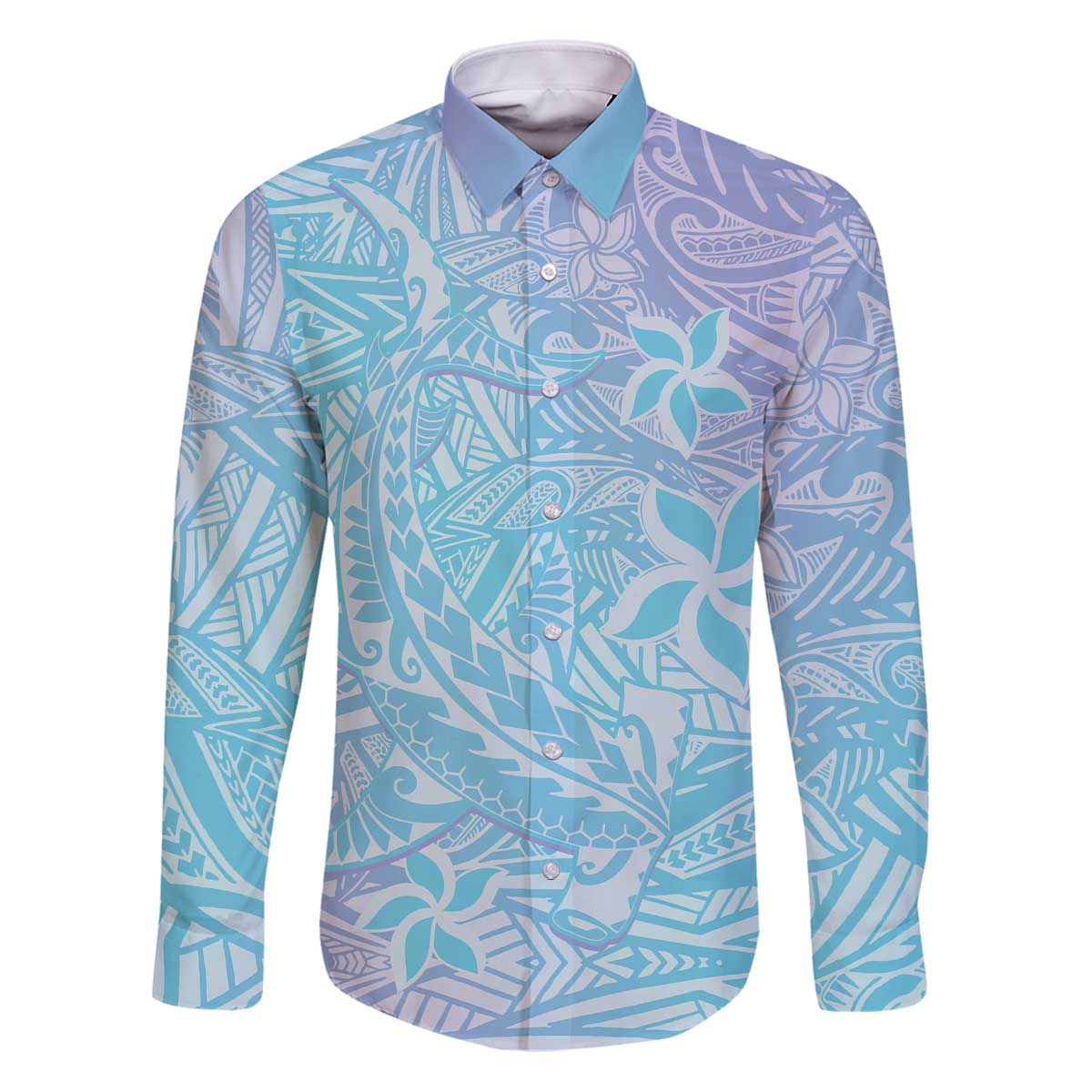 Baby Blue Gradient Polynesia Family Matching Puletasi and Hawaiian Shirt Hawaiian Tribal Hammerhead Shark Tattoo LT14 Dad's Shirt - Long Sleeve Baby Blue - Polynesian Pride