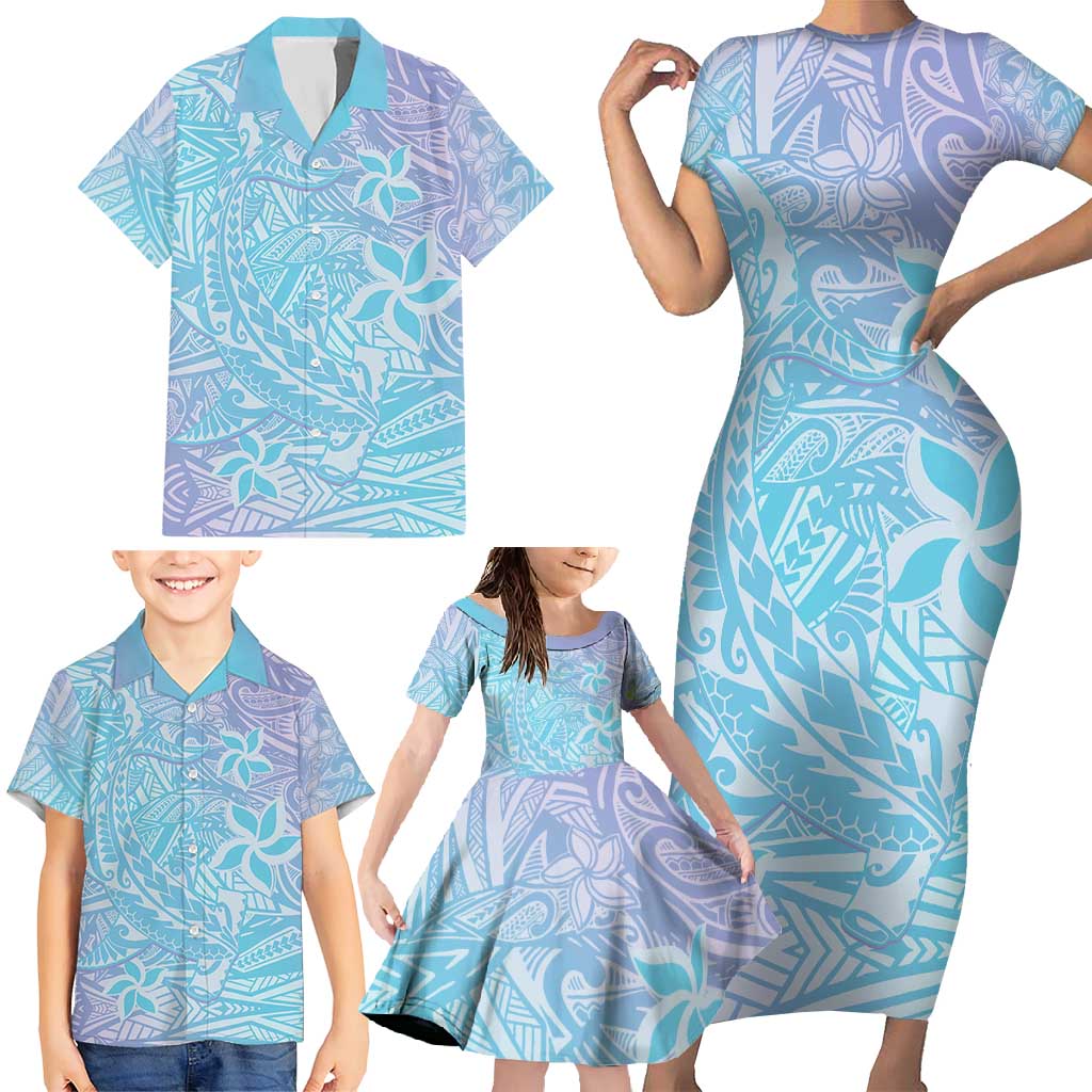 Baby Blue Gradient Polynesia Family Matching Short Sleeve Bodycon Dress and Hawaiian Shirt Hawaiian Tribal Hammerhead Shark Tattoo