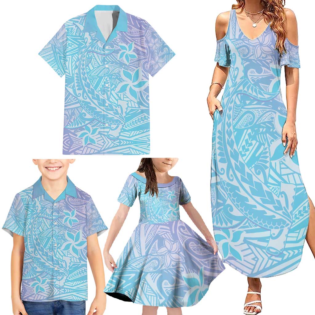 Baby Blue Gradient Polynesia Family Matching Summer Maxi Dress and Hawaiian Shirt Hawaiian Tribal Hammerhead Shark Tattoo