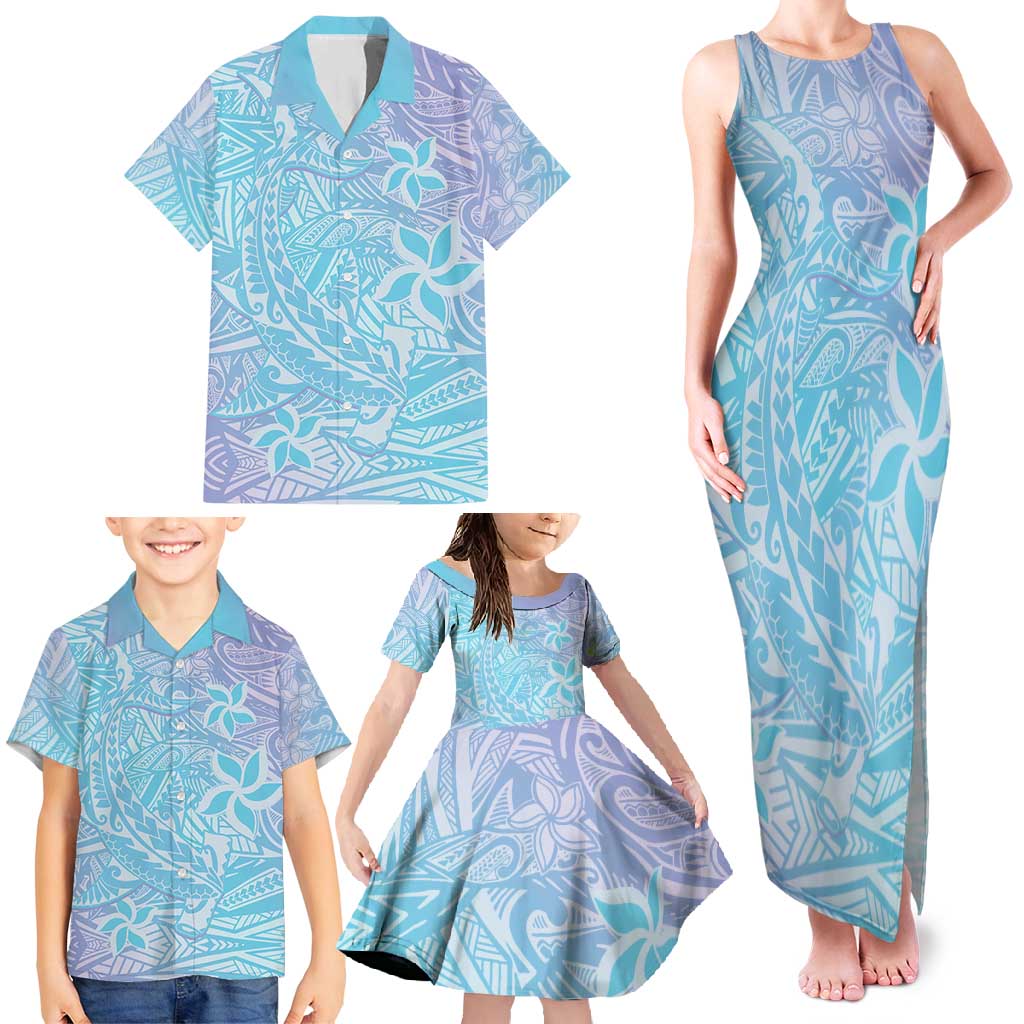 Baby Blue Gradient Polynesia Family Matching Tank Maxi Dress and Hawaiian Shirt Hawaiian Tribal Hammerhead Shark Tattoo LT14 - Polynesian Pride