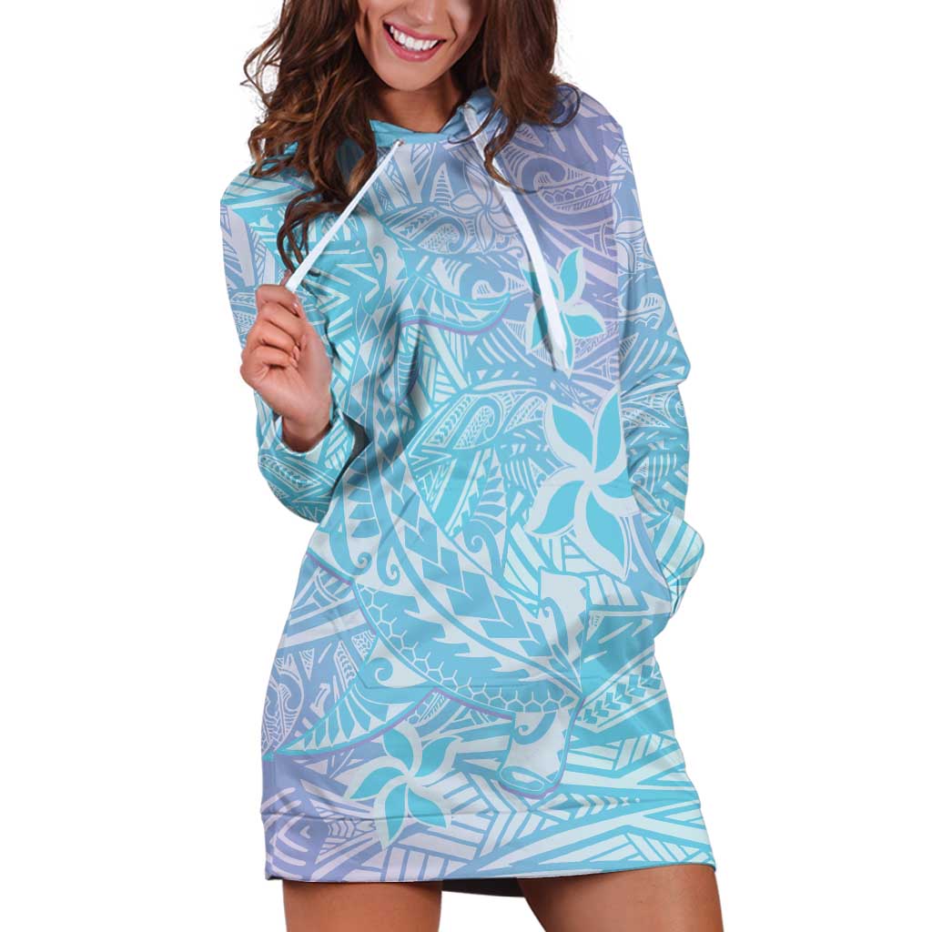 Baby Blue Gradient Polynesia Hoodie Dress Hawaiian Tribal Hammerhead Shark Tattoo