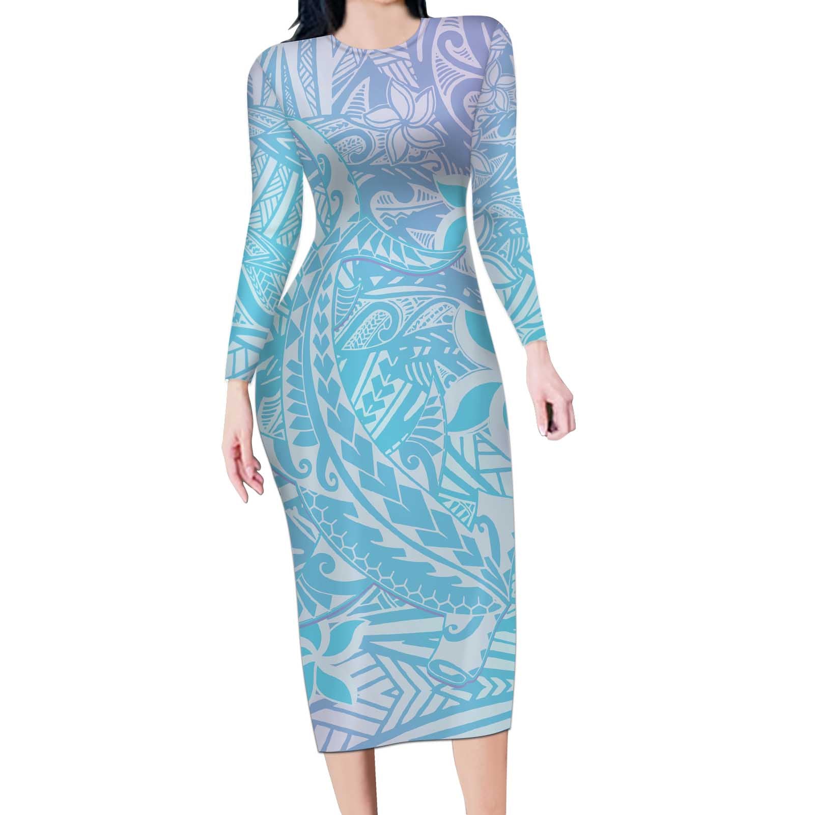 Baby Blue Gradient Polynesia Long Sleeve Bodycon Dress Hawaiian Tribal Hammerhead Shark Tattoo