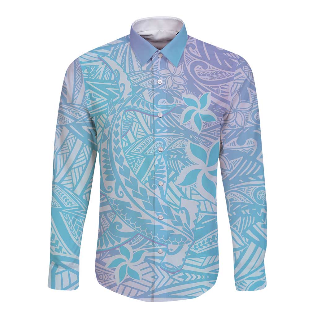 Baby Blue Gradient Polynesia Long Sleeve Button Shirt Hawaiian Tribal Hammerhead Shark Tattoo