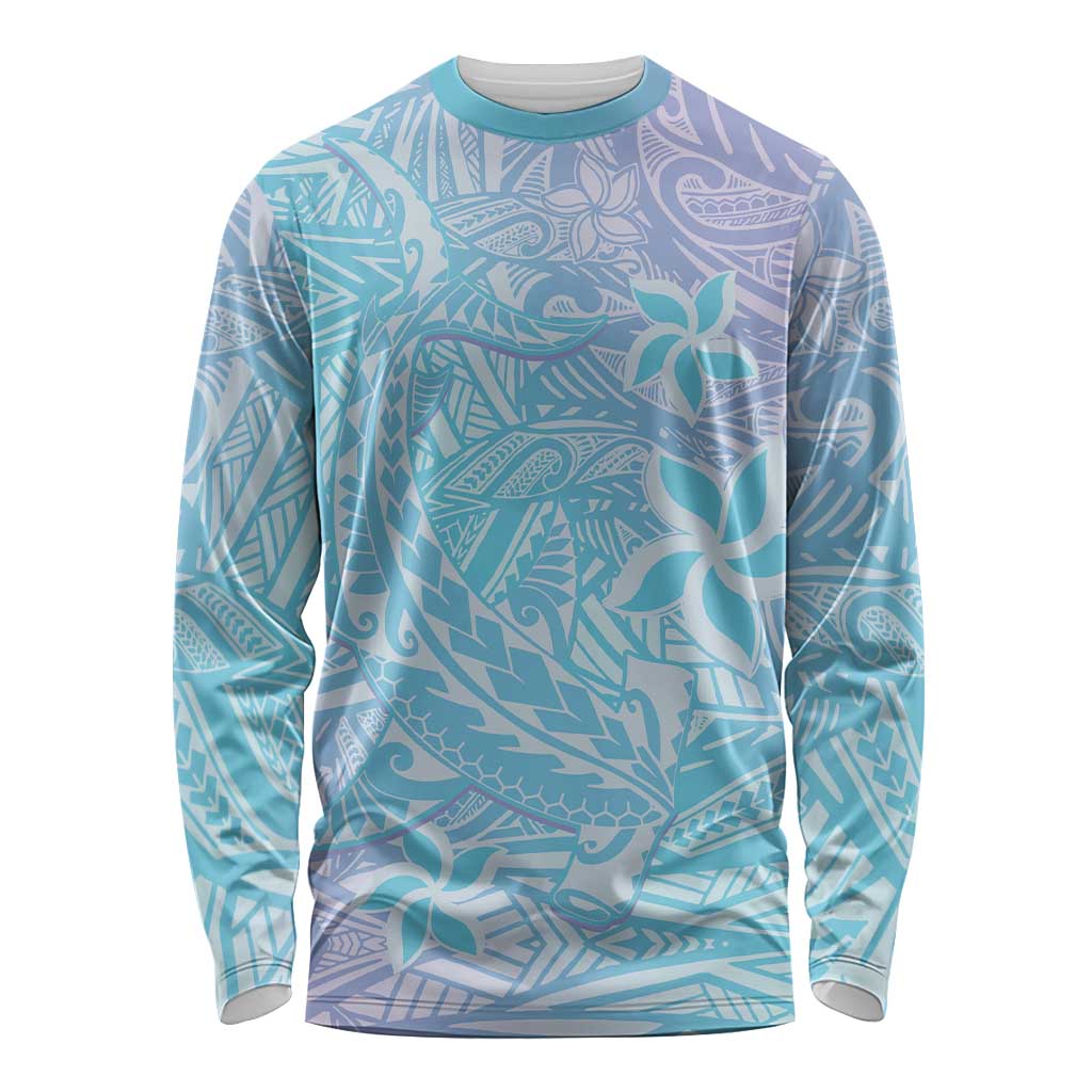 Baby Blue Gradient Polynesia Long Sleeve Shirt Hawaiian Tribal Hammerhead Shark Tattoo