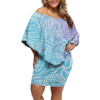 Baby Blue Gradient Polynesia Off Shoulder Short Dress Hawaiian Tribal Hammerhead Shark Tattoo LT14 Women Baby Blue - Polynesian Pride