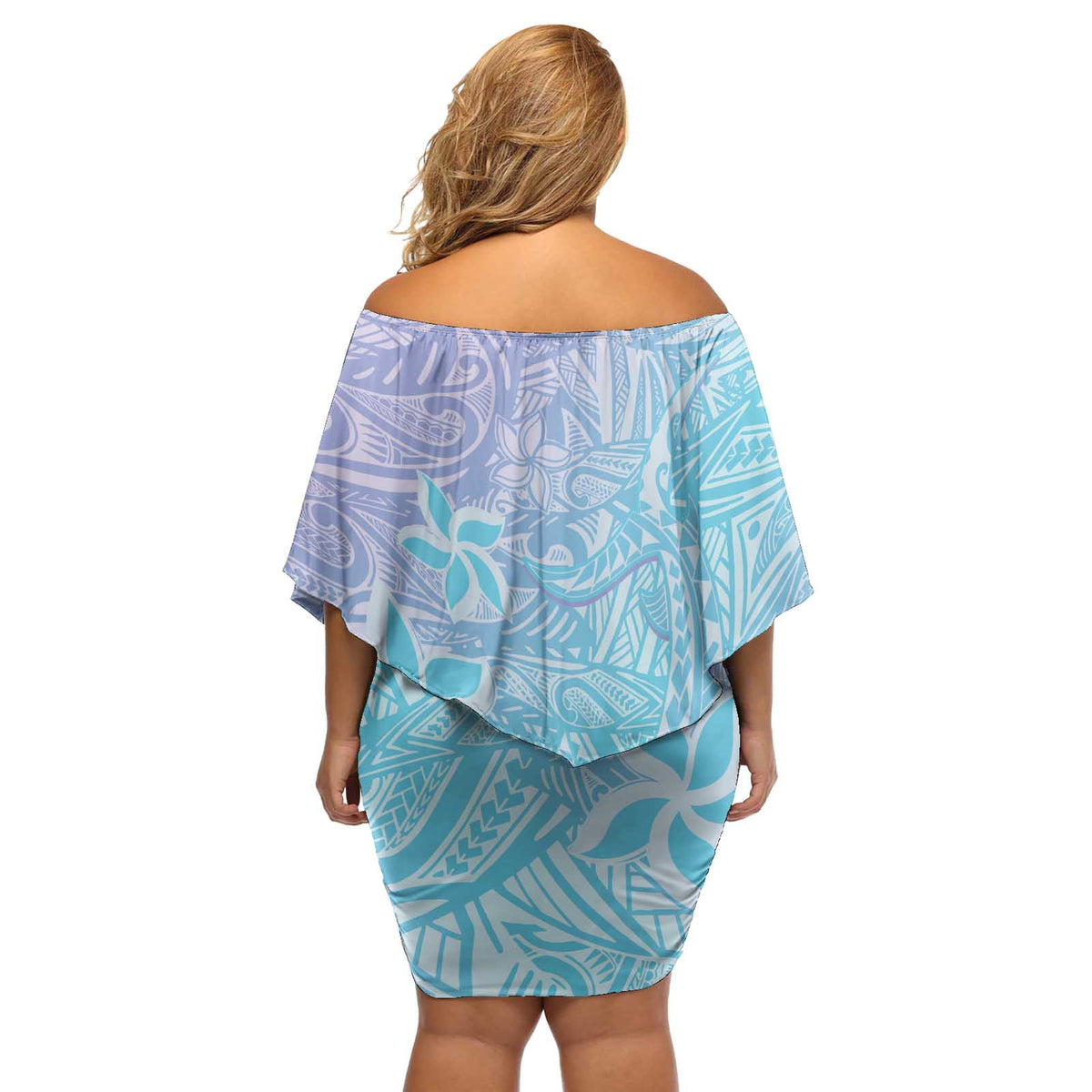 Baby Blue Gradient Polynesia Off Shoulder Short Dress Hawaiian Tribal Hammerhead Shark Tattoo LT14 - Polynesian Pride