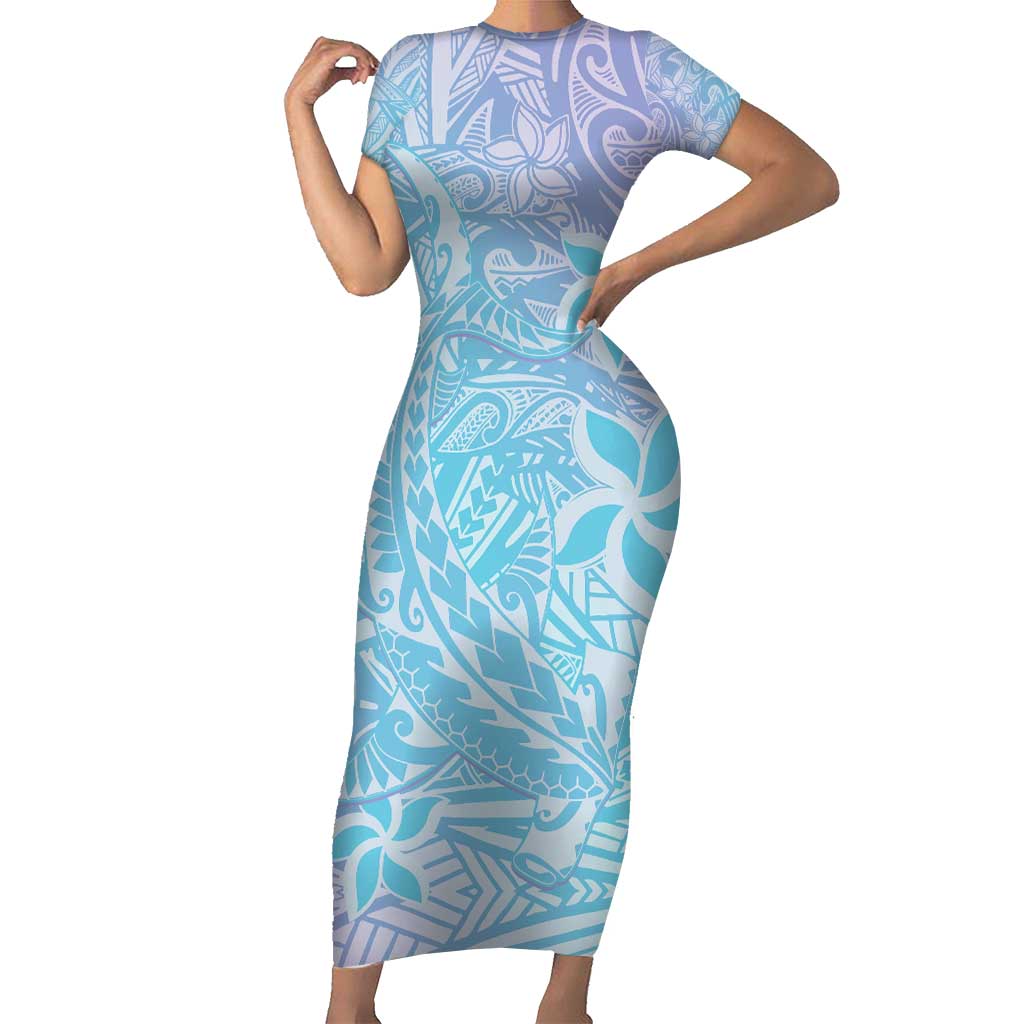 Baby Blue Gradient Polynesia Short Sleeve Bodycon Dress Hawaiian Tribal Hammerhead Shark Tattoo