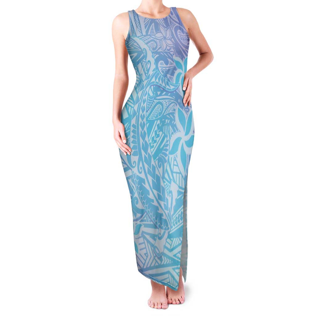 Baby Blue Gradient Polynesia Tank Maxi Dress Hawaiian Tribal Hammerhead Shark Tattoo LT14 Women Baby Blue - Polynesian Pride