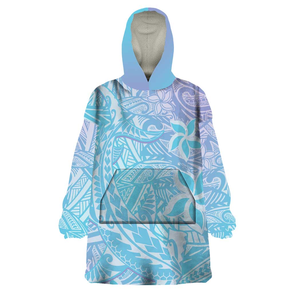 Baby Blue Gradient Polynesia Wearable Blanket Hoodie Hawaiian Tribal Hammerhead Shark Tattoo