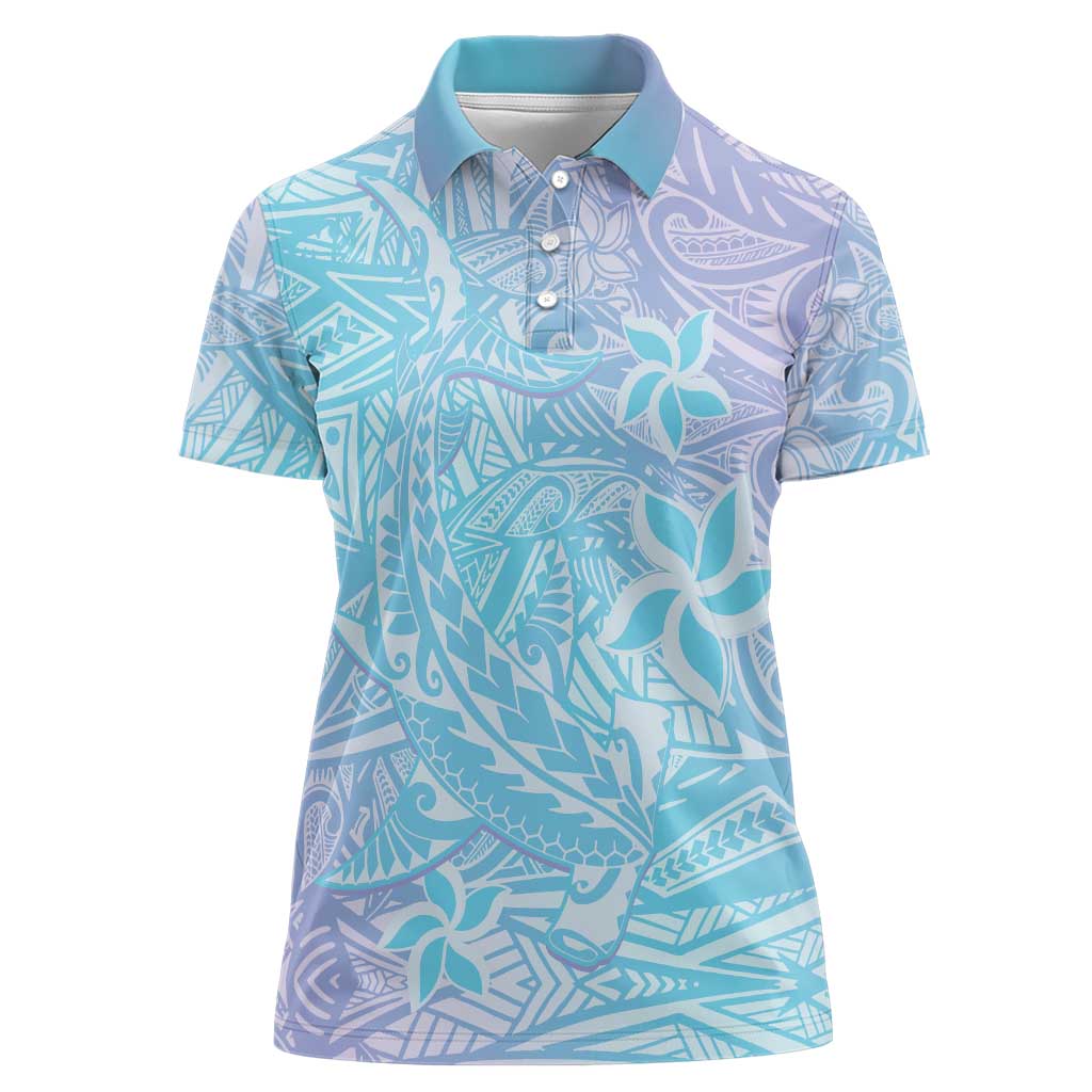 Baby Blue Gradient Polynesia Women Polo Shirt Hawaiian Tribal Hammerhead Shark Tattoo