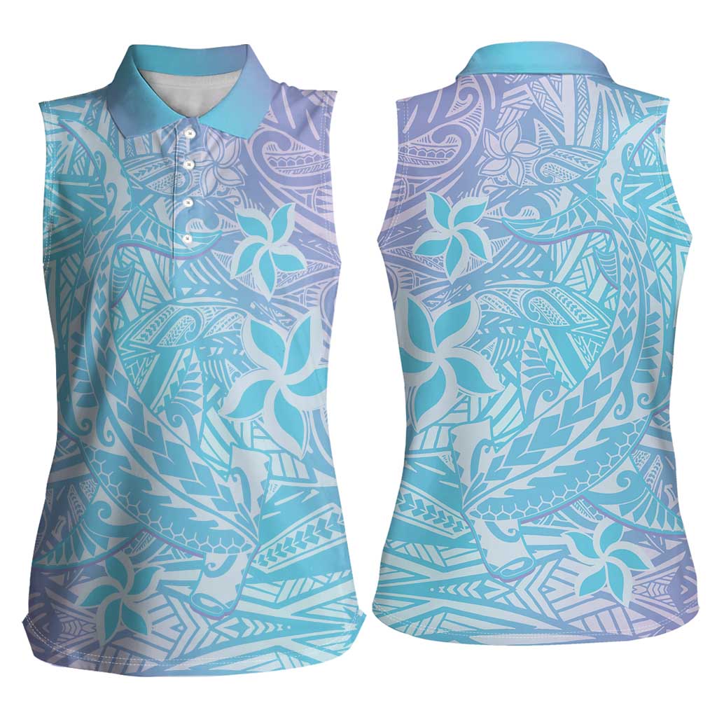 Baby Blue Gradient Polynesia Women Sleeveless Polo Shirt Hawaiian Tribal Hammerhead Shark Tattoo
