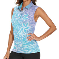 Baby Blue Gradient Polynesia Women Sleeveless Polo Shirt Hawaiian Tribal Hammerhead Shark Tattoo