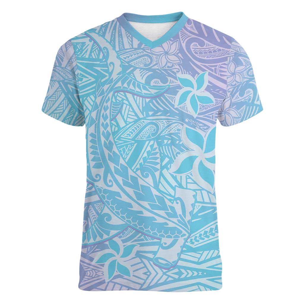 Baby Blue Gradient Polynesia Women V-Neck T-Shirt Hawaiian Tribal Hammerhead Shark Tattoo