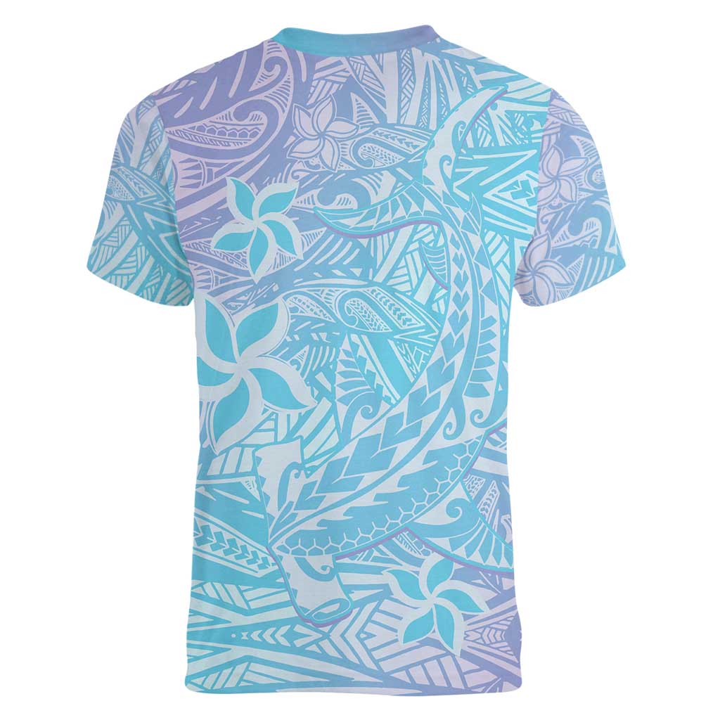Baby Blue Gradient Polynesia Women V-Neck T-Shirt Hawaiian Tribal Hammerhead Shark Tattoo