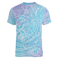 Baby Blue Gradient Polynesia Women V-Neck T-Shirt Hawaiian Tribal Hammerhead Shark Tattoo