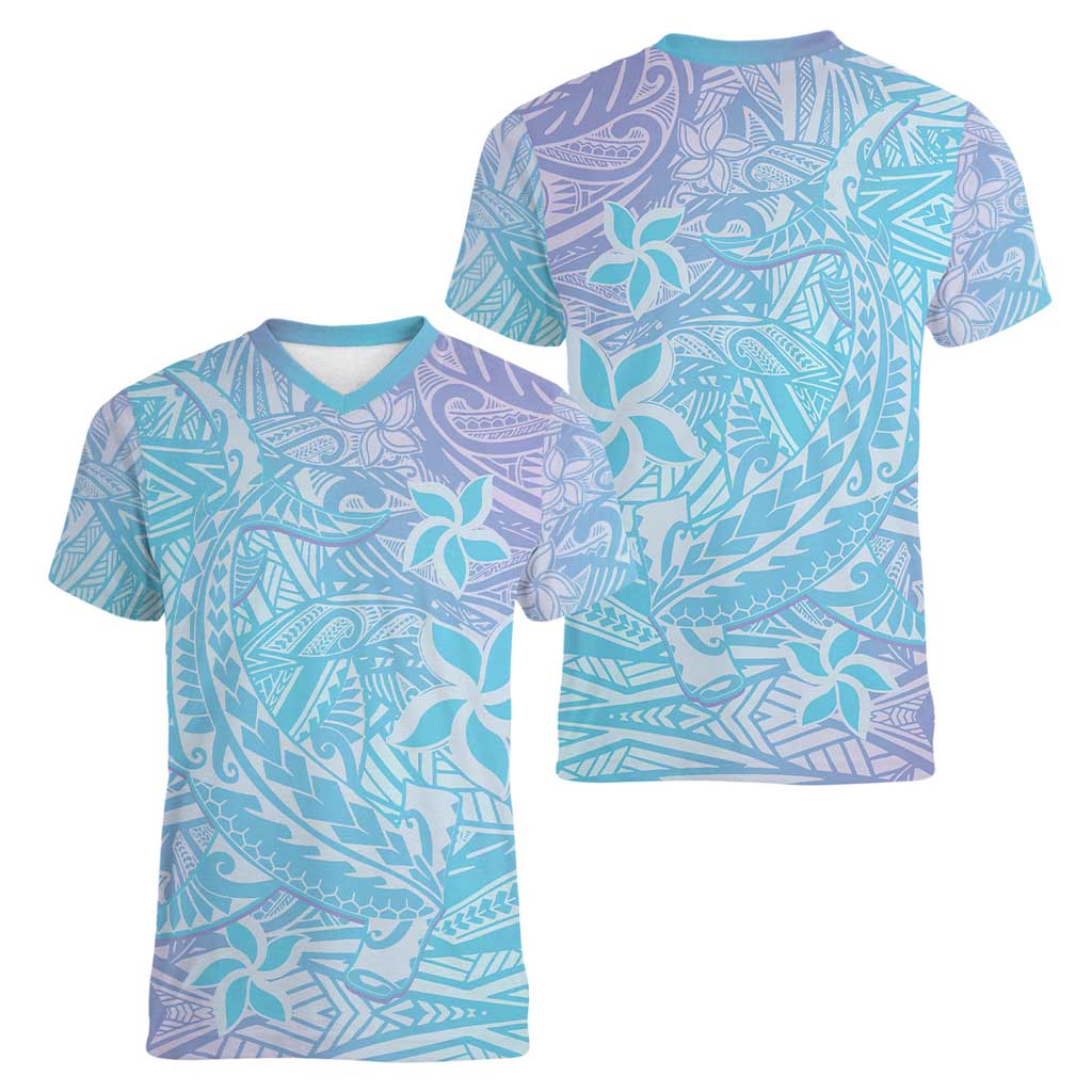 Baby Blue Gradient Polynesia Women V-Neck T-Shirt Hawaiian Tribal Hammerhead Shark Tattoo