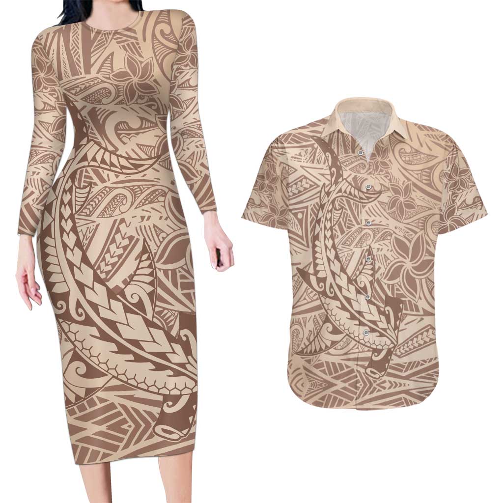 Pastel Brown Polynesia Couples Matching Long Sleeve Bodycon Dress and Hawaiian Shirt Hawaiian Tribal Hammerhead Shark Tattoo LT14 Pastel Brown - Polynesian Pride