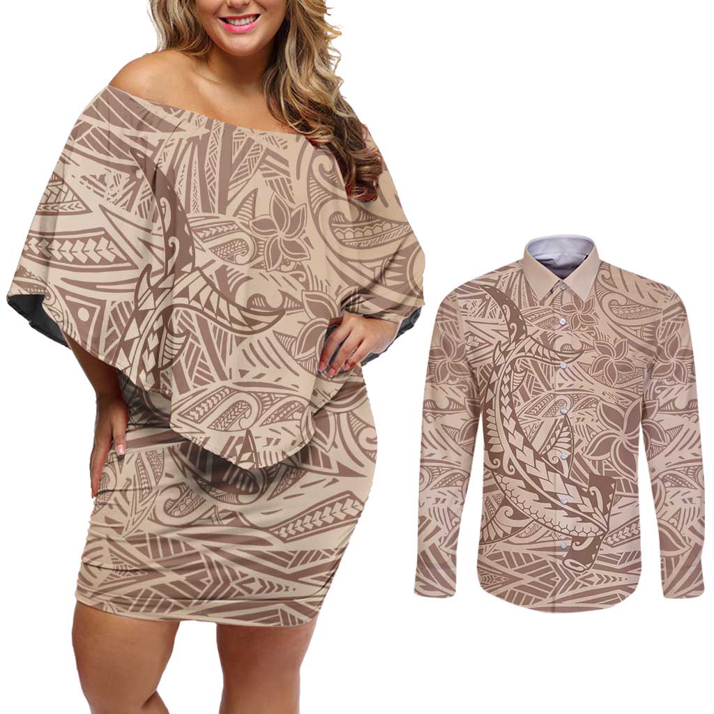 Pastel Brown Polynesia Couples Matching Off Shoulder Short Dress and Long Sleeve Button Shirt Hawaiian Tribal Hammerhead Shark Tattoo LT14 Pastel Brown - Polynesian Pride