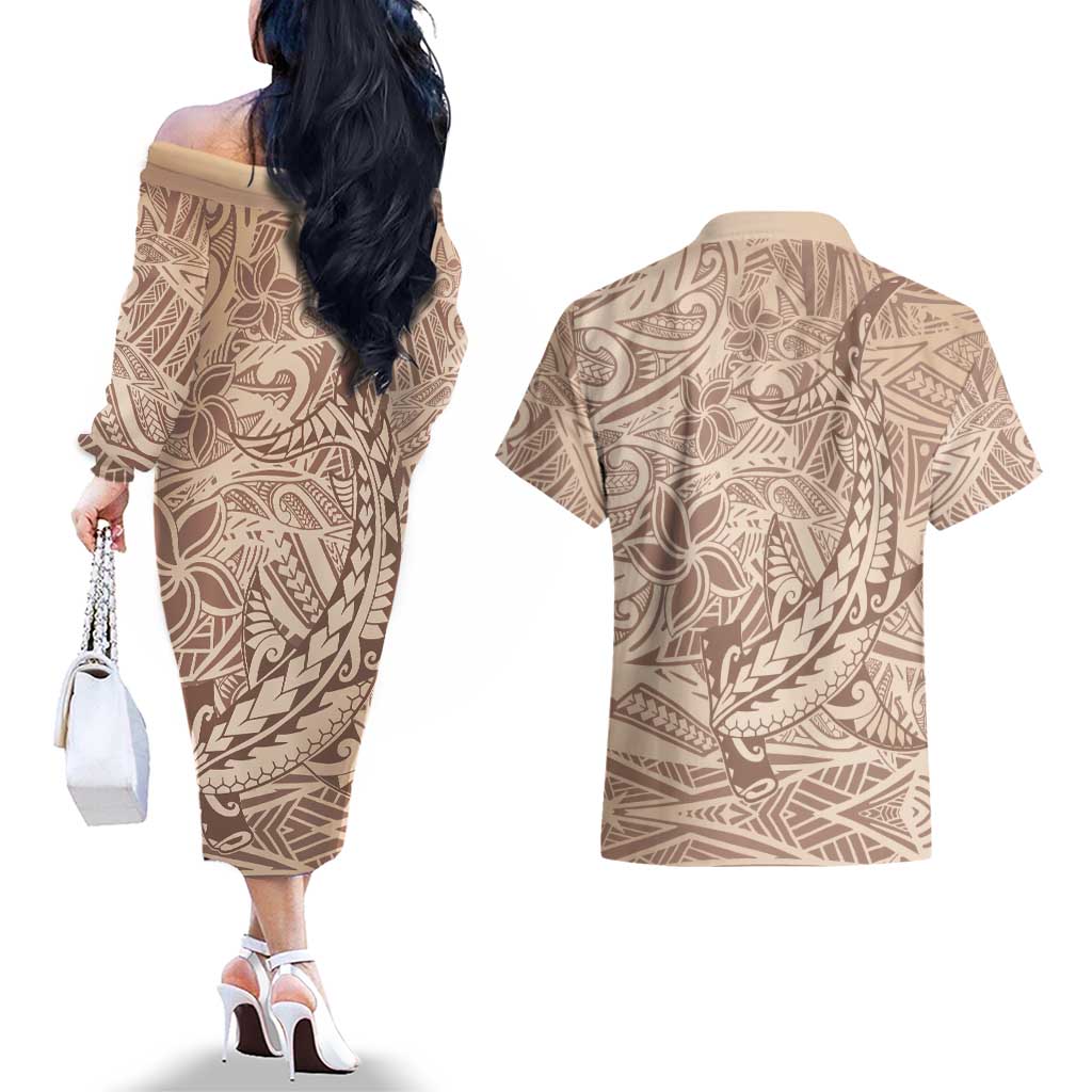 Pink Gradient Polynesia Couples Matching Off The Shoulder Long Sleeve Dress and Hawaiian Shirt Hawaiian Tribal Hammerhead Shark Tattoo